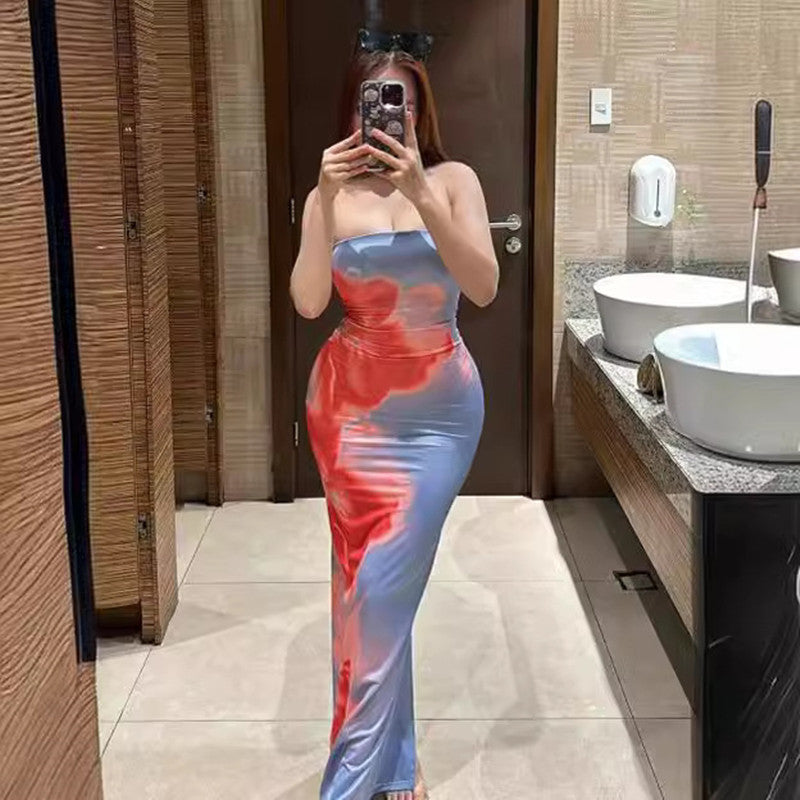 Slim Slit Tube Long Dress Summer Sexy Pint Party Beach Dresses Women&
