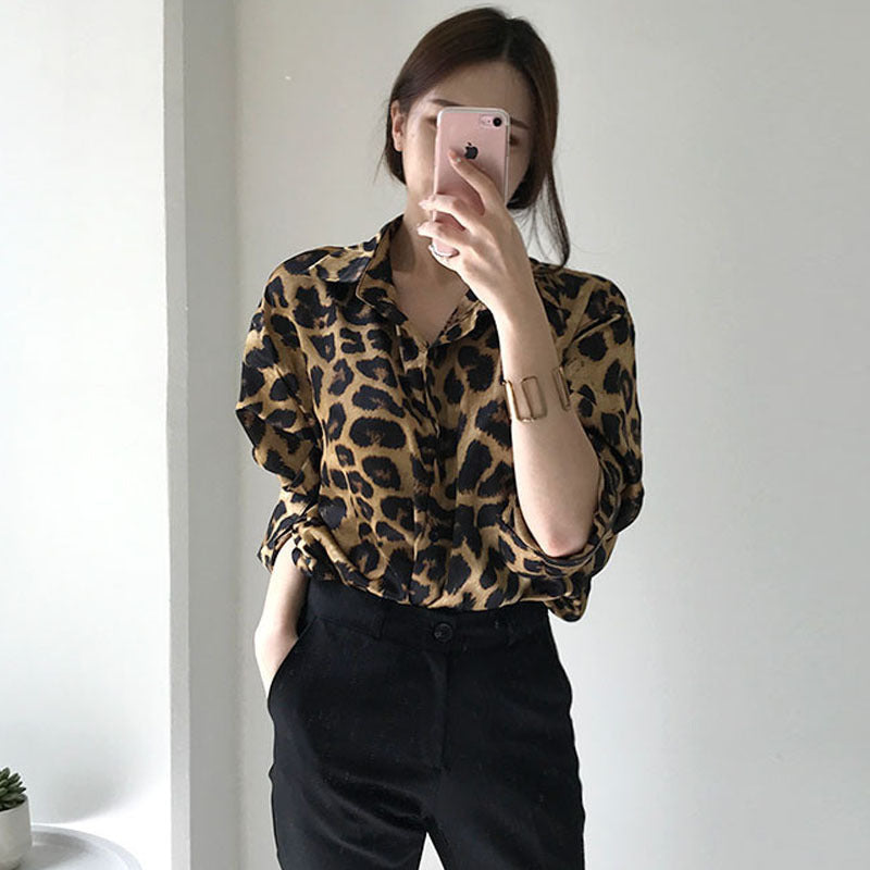 Vintage Leopard Print Loose Long Sleeve Shirt Limorista