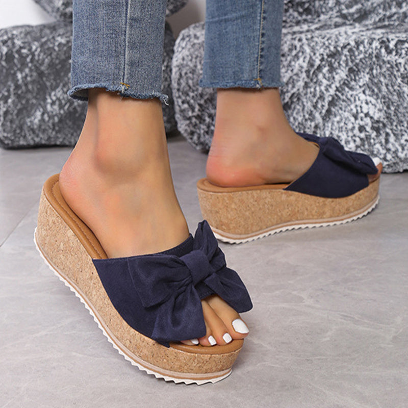 Fashion Bow Leopard Print Wedge Slippers For Women New Thick-sole High Heel Flat Shoes Summer Outdoor Fish Mouth Slippers Limorista