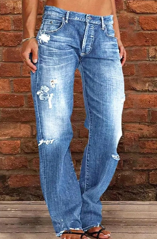 Women Men Denim Pants Casual Ripped Loose Straight Leg Jeans Trousers Limorista