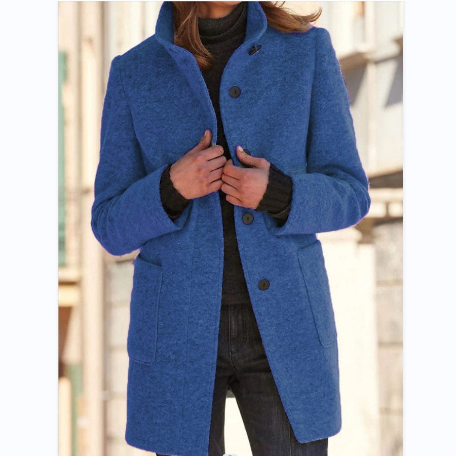 Fashion Stand Collar Woolen Coat With Pockets Fall Winter Casual Button Outwear For Women Clothing Limorista