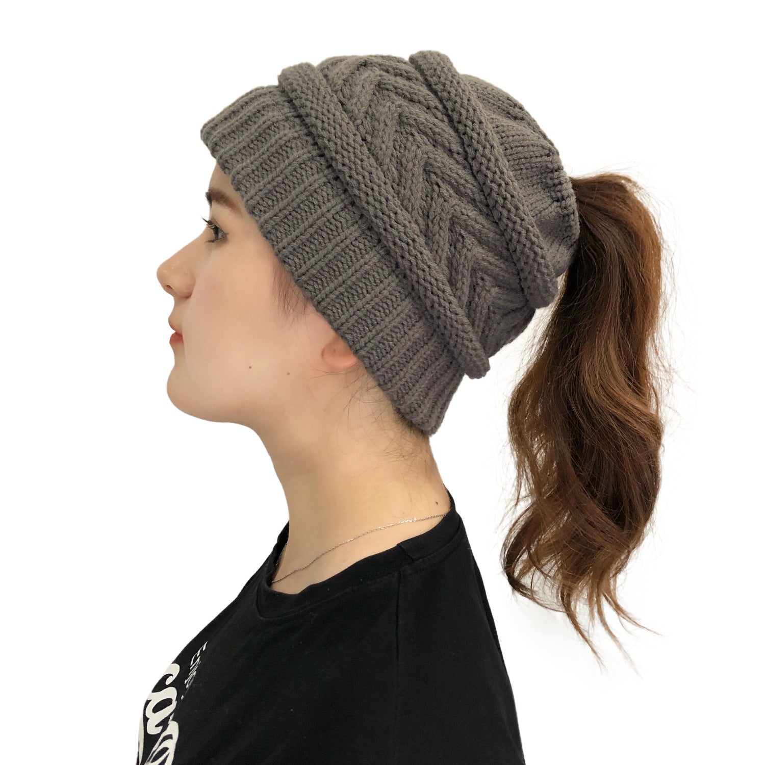 Ladies Ponytail Beanie Knit Stretch Hat Limorista