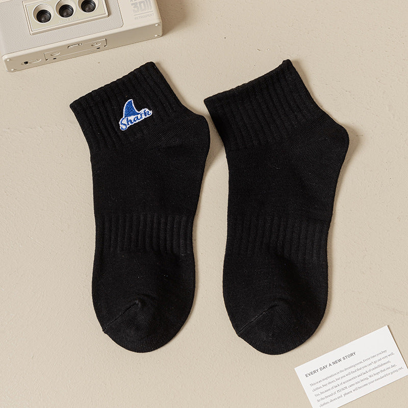 Black And White Embroidered Shark Pure Cotton Sweat Absorbing Athletic Socks Limorista
