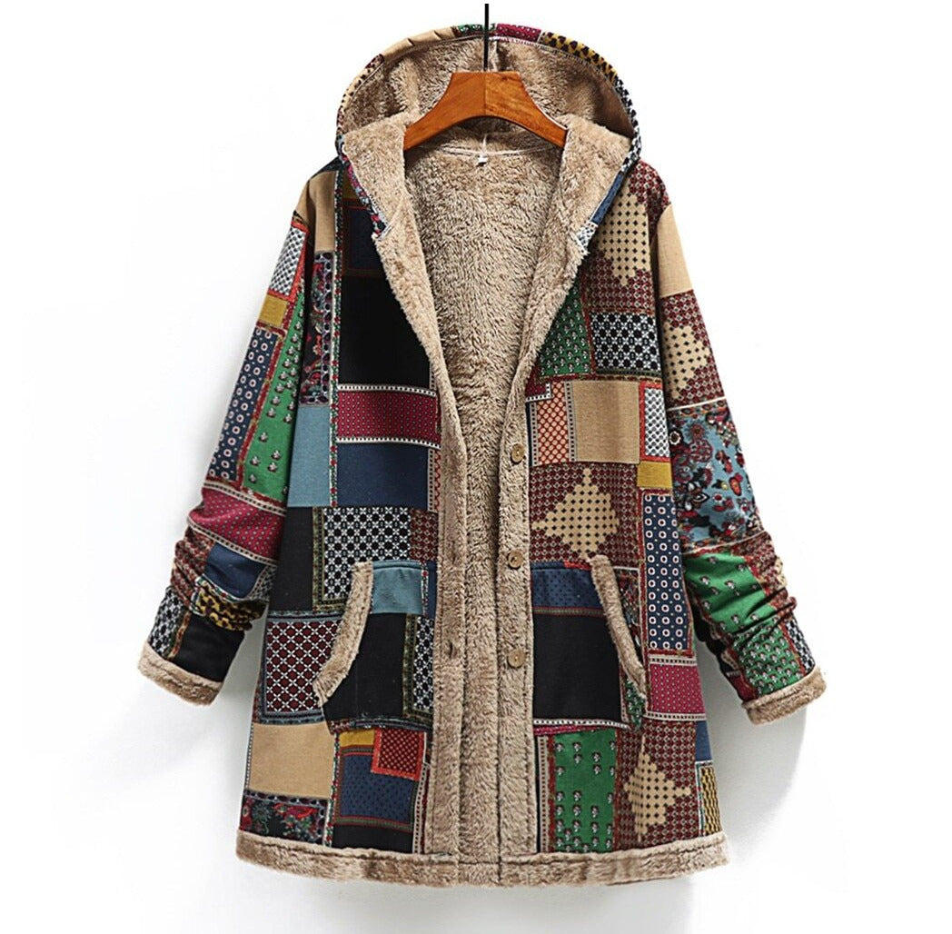 Cotton and linen printed hooded sweater warm plush jacket Limorista