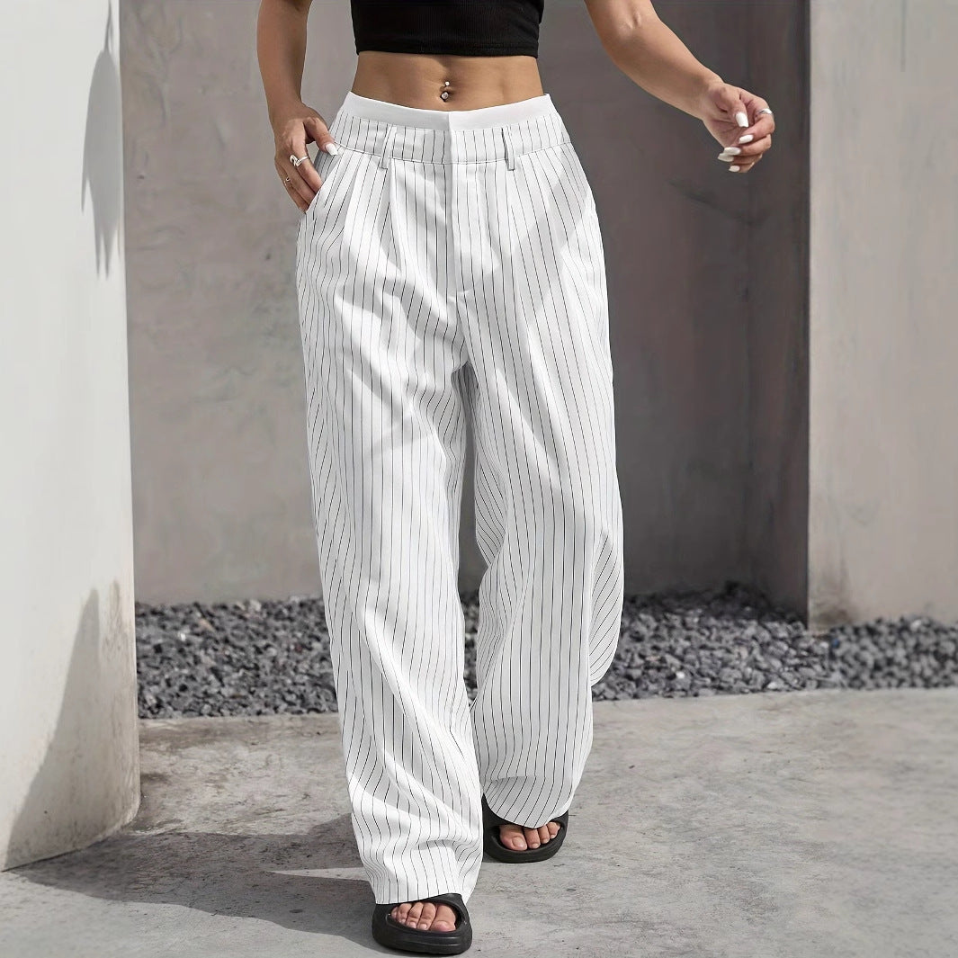 Stripe Printed Trousers Fashion High Waist Straight Leg Pants With Pocket Zipper Casual Suit Pants For Women Limorista