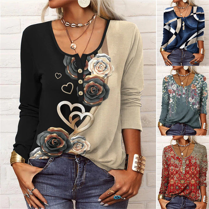 Limorista - Long Sleeved Geometric Flower Mang U-neck Button Up T-shirt For Women