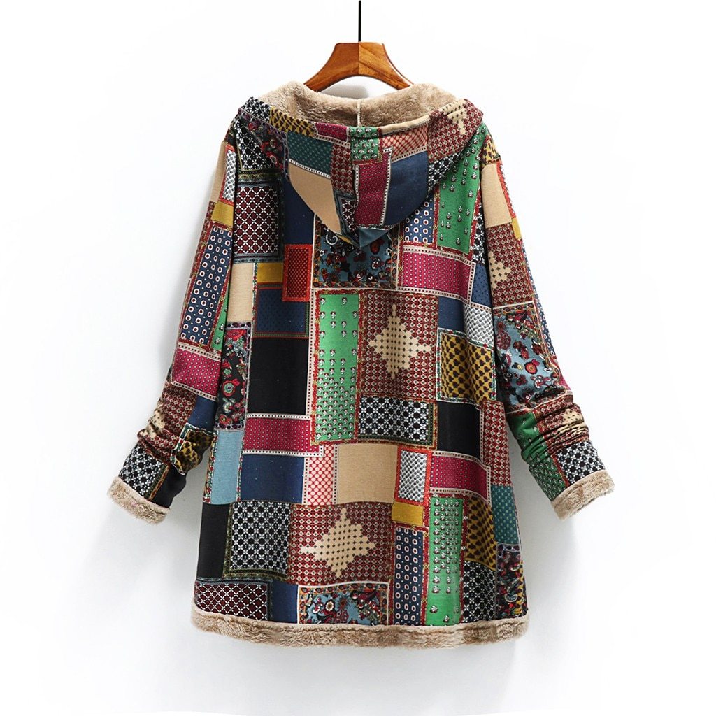 Cotton and linen printed hooded sweater warm plush jacket Limorista