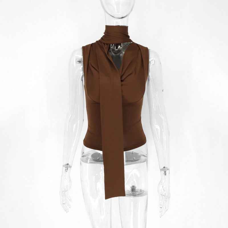 Limorista - Lace-up Tied Top Outerwear Ribbon Swing Collar Sleeveless Vest For Women