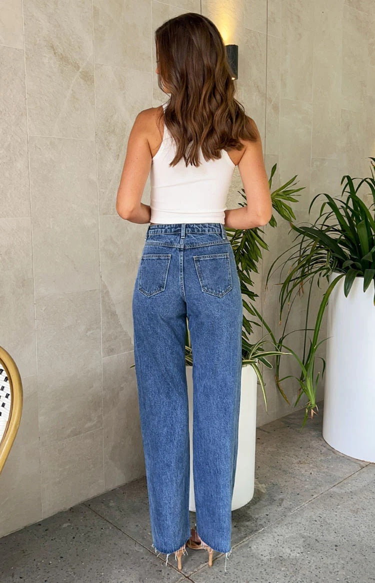 Oblique Waist Cross Beaded Straight-leg Frayed Hem Jeans Limorista