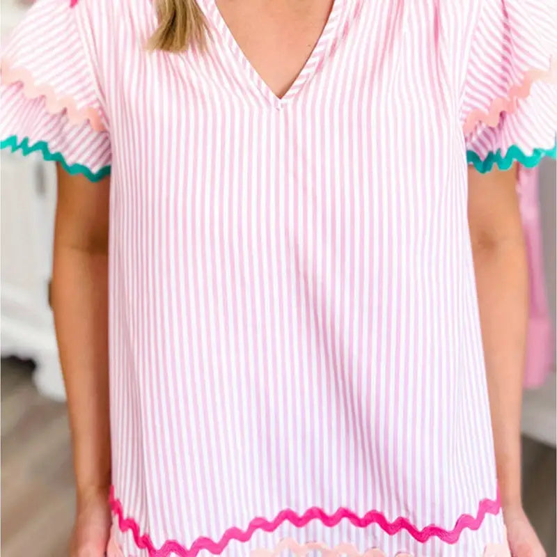 Sky Blue Stripe Ricrac Trim Split Neck Striped Ruffled Sleeve Blouse Limorista