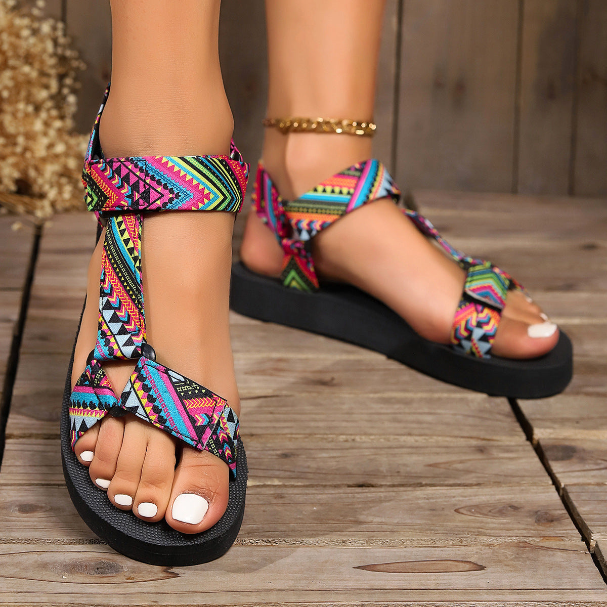 Printed Velcro-design Sandals Summer Ethnic Style Thick Flat Sandals Women&