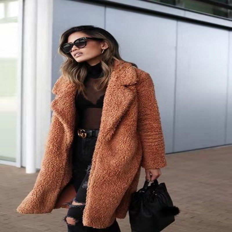 Lapel long sleeve plush women&