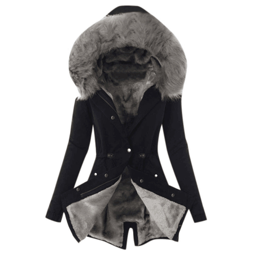 Fur collar drawstring solid color warm cotton coat Limorista