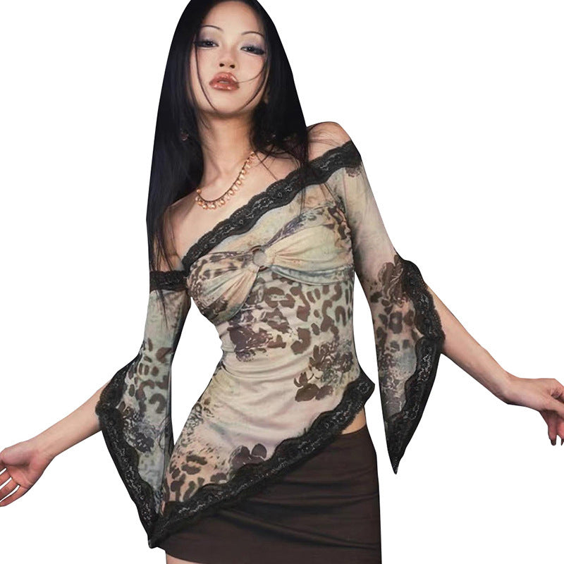 American Retro Asymmetric Lace Design Off-shoulder Buckle Top Limorista