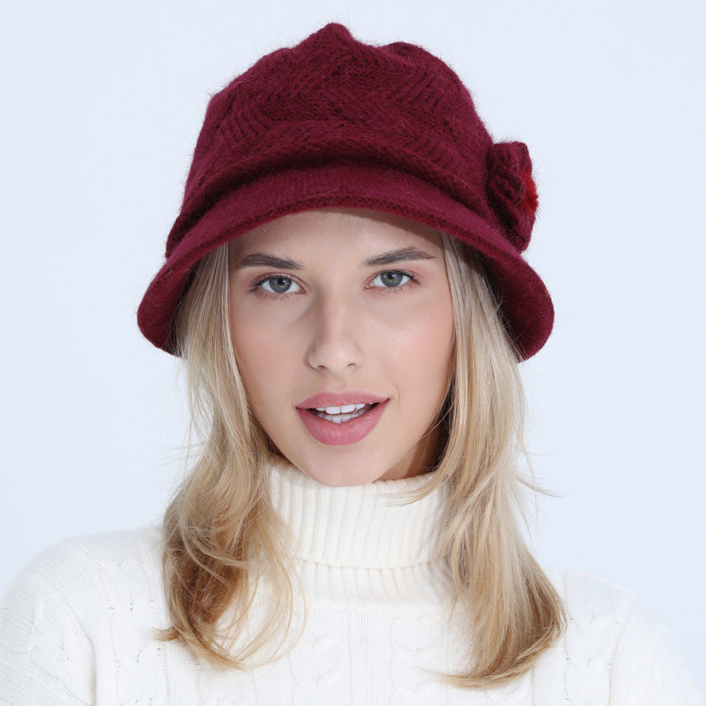 Knitted Hat New Ladies Autumn And Winter Flowers Mother Rabbit Woolen Pot Hat Plus Velvet Limorista