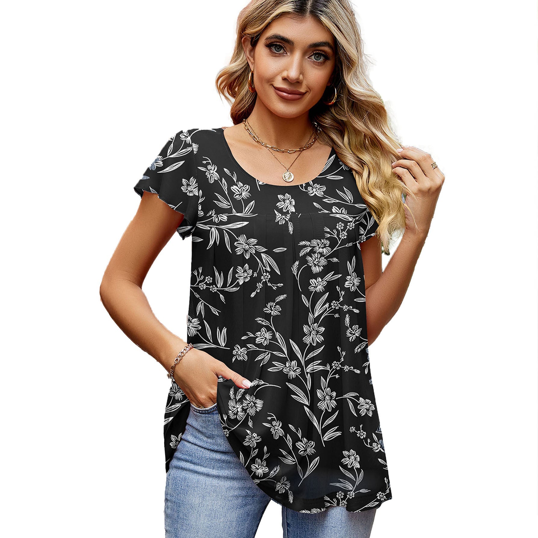 Breathable Elegant Mesh Floral Print Short Sleeve Shirt Limorista