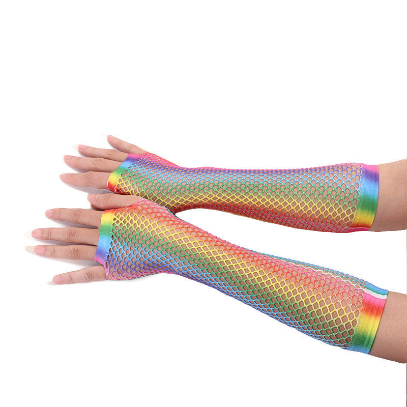 Rainbow Color Sexy Fishnet Half-finger Long Net Gloves Limorista