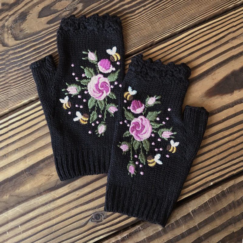 Embroidered Ladies Warm Gloves Bee Floral Knit Limorista