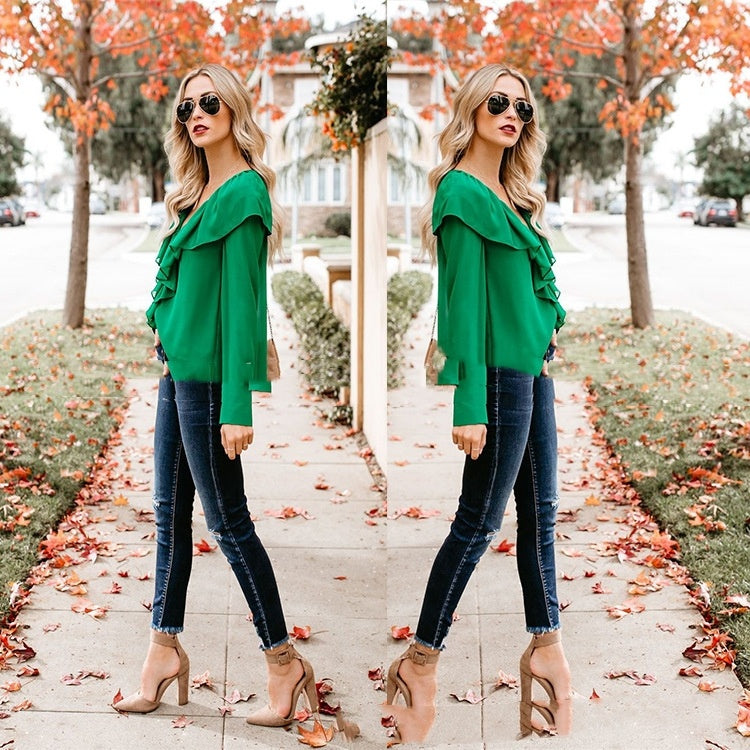 V-neck Flounce Loose And Stylish Long Sleeves Chiffon Shirt Limorista