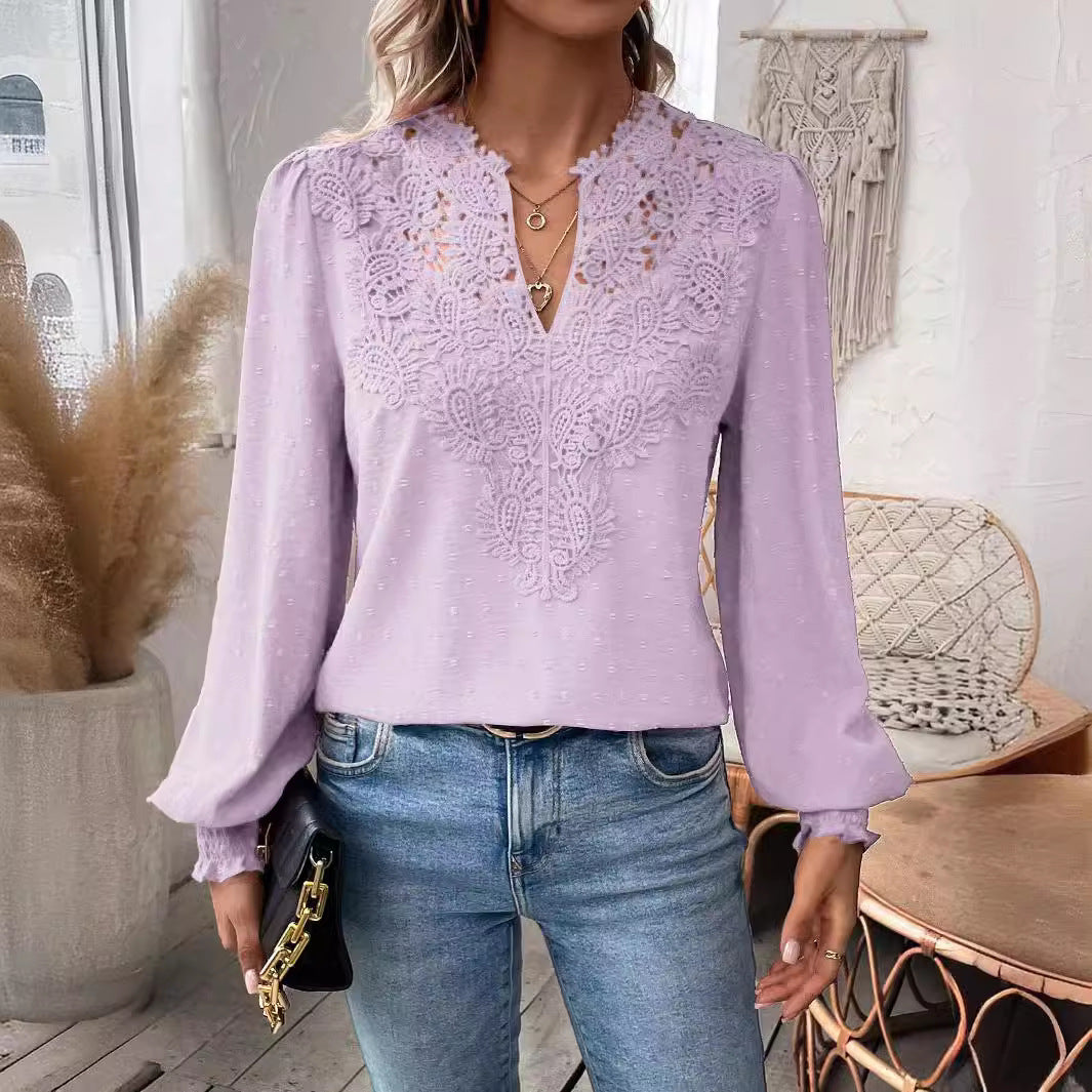 Limorista - Lace Solid Color Long Sleeve Casual Women&