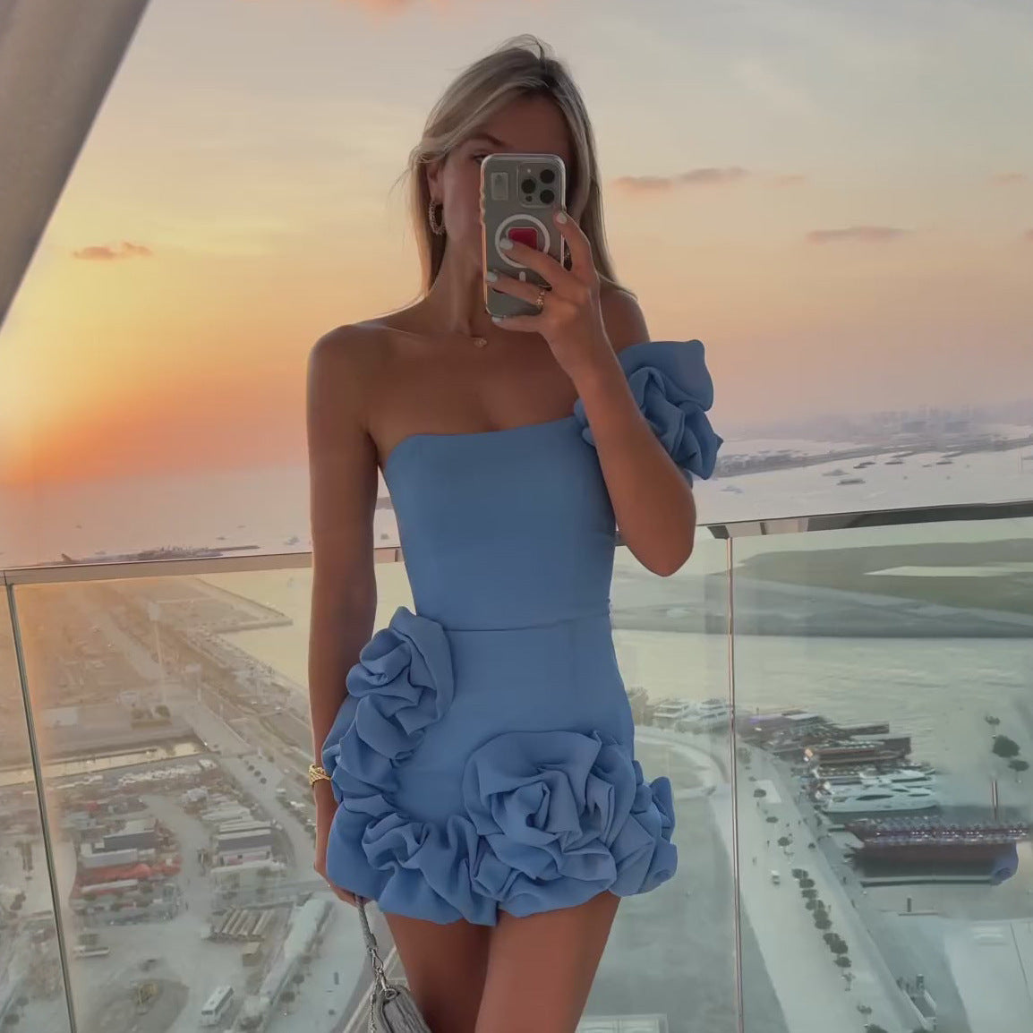 Fashion One-shoulder One-shoulder Dress Sexy Slim Ruffled Flower-bud Design Short Dress For Evening Party Womens Clothing Limorista