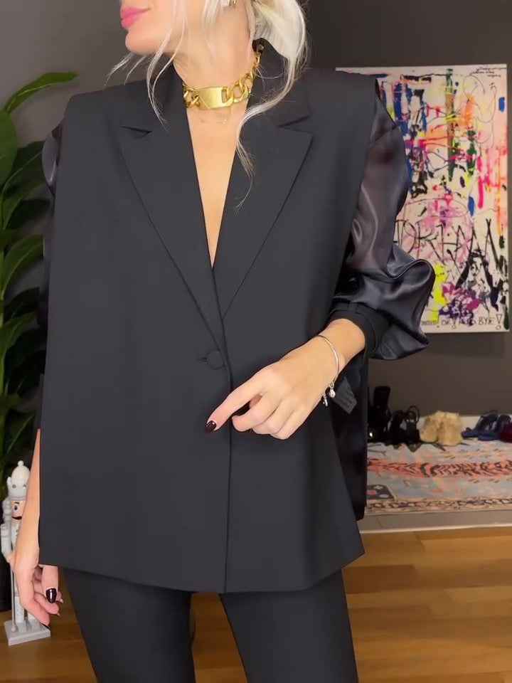 Limorista - Black Organza Patchwork Sleeve Top