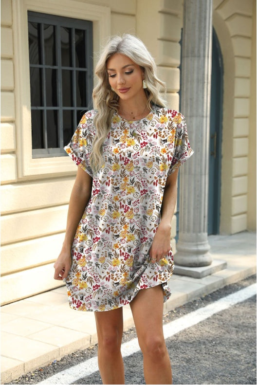 Loose Crew Neck Short Sleeve Printed Pocket Dress Limorista