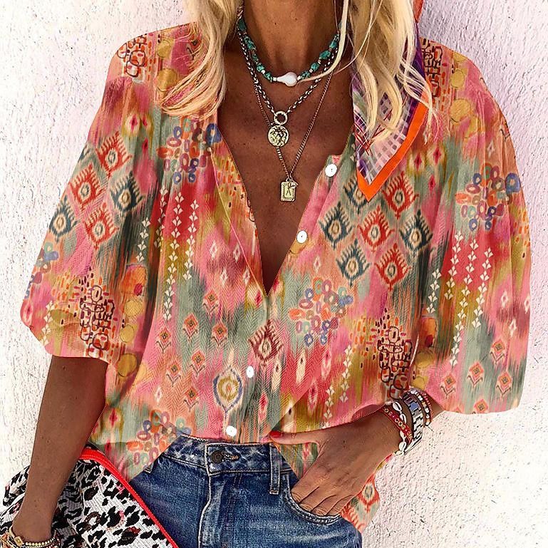 Fashion V-neck 3d Floral Printed Long-sleeved Top Limorista