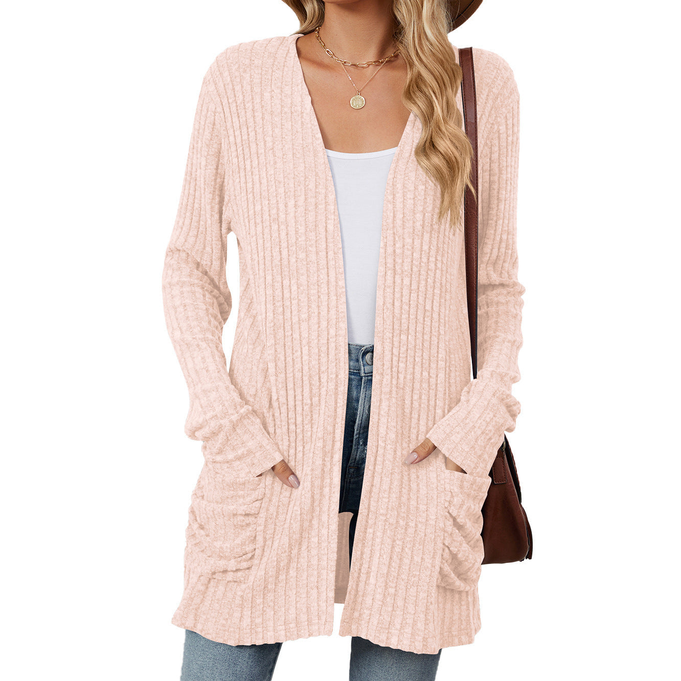 Solid Color Pocket Long Sleeve Bottoming Cardigan Knitwear Limorista