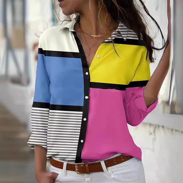 Long Sleeve Button Loose Geometric Digital Printing Shirt Limorista