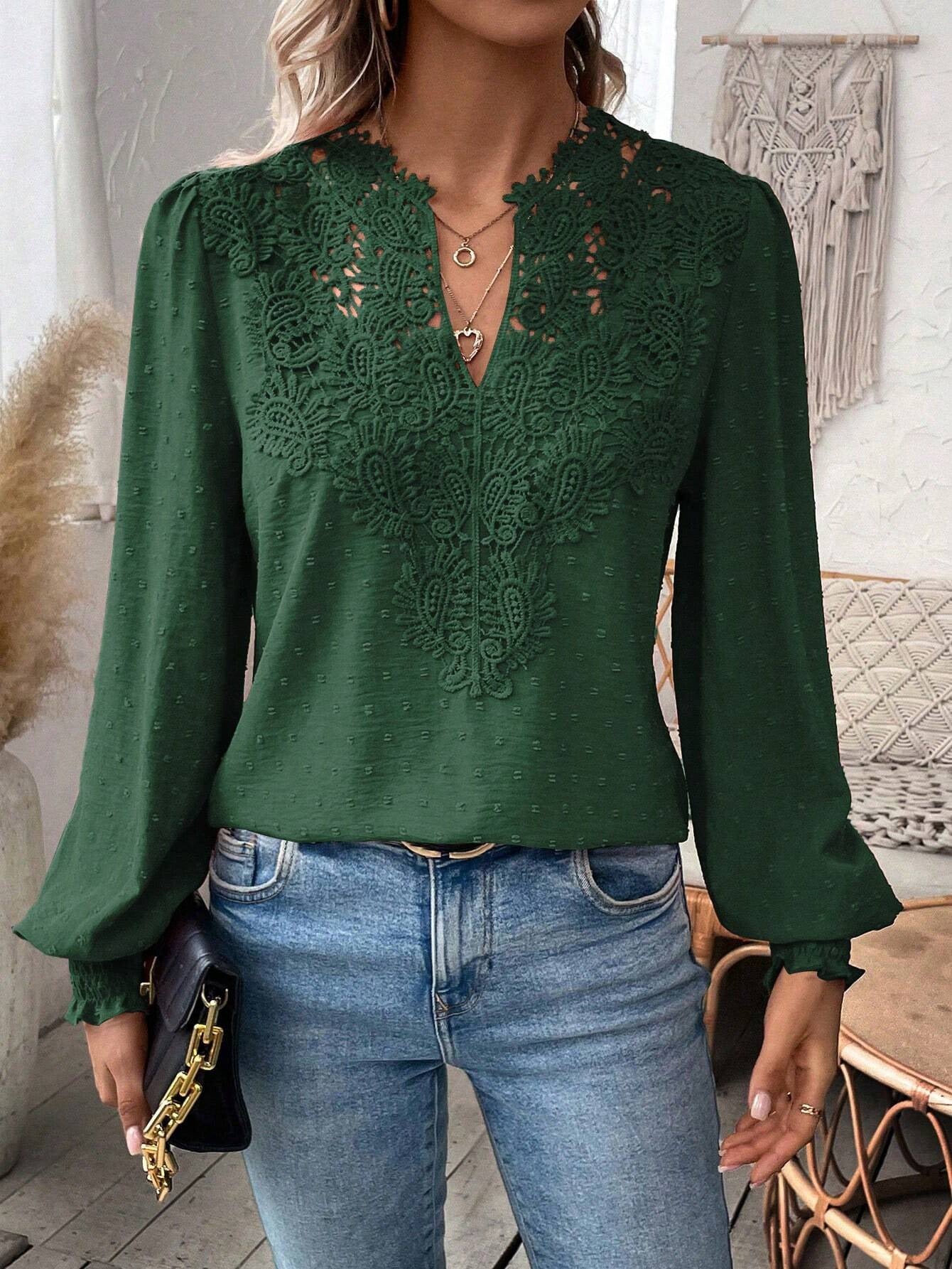 Limorista - Lace Solid Color Long Sleeve Casual Women&
