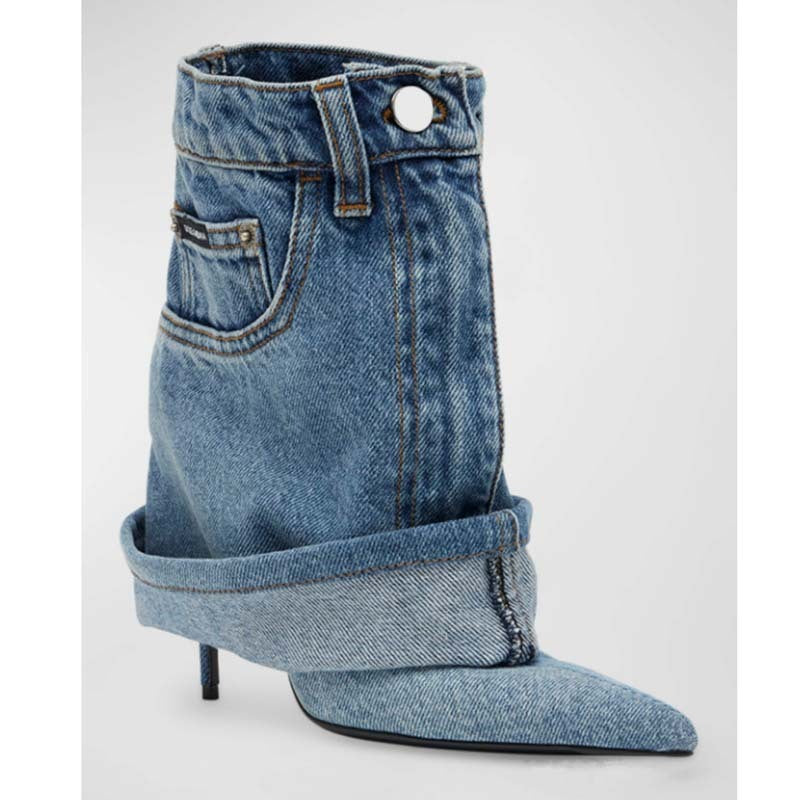 Pointed-toe Washed Denim Pantskirt Stiletto Heel Ankle Boots Limorista