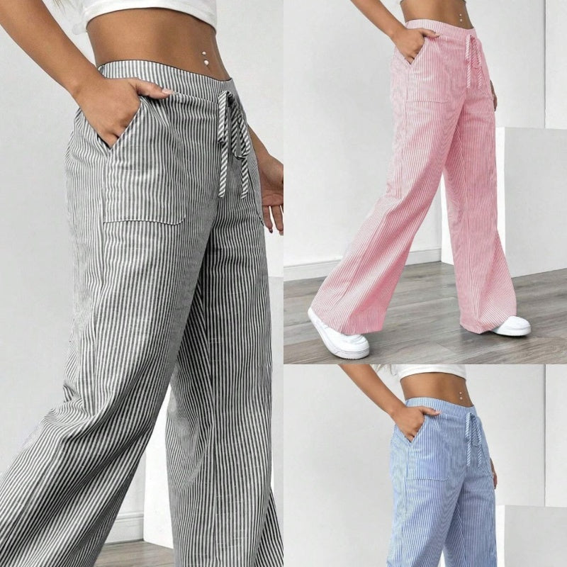 New Striped Trousers With Pockets Casual Versatile Loose Wide Leg Pants Women&