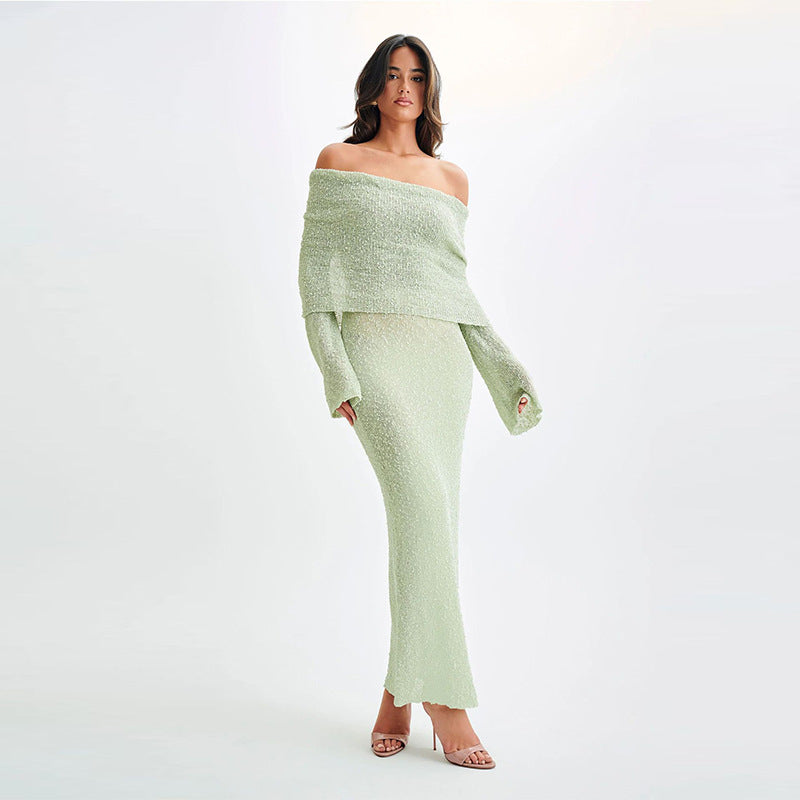 New One-shoulder Knitted Long-sleeved Dress Sexy Beach Holiday Long Dresses Womens Clothing Limorista