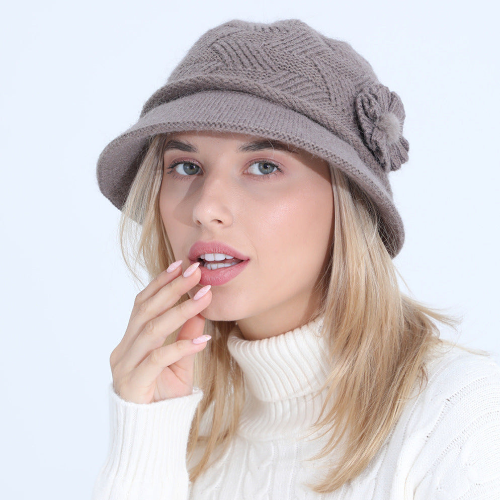 Knitted Hat New Ladies Autumn And Winter Flowers Mother Rabbit Woolen Pot Hat Plus Velvet Limorista