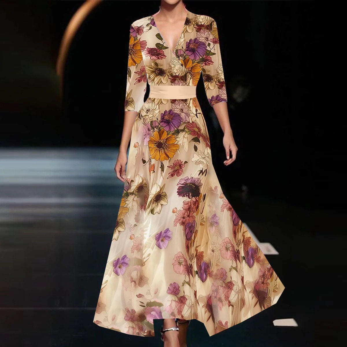 Summer V-neck Split Short-sleeved Dress Fashion Flower Print A-line Long Dresses Party Club Beach Clothing For Women Limorista