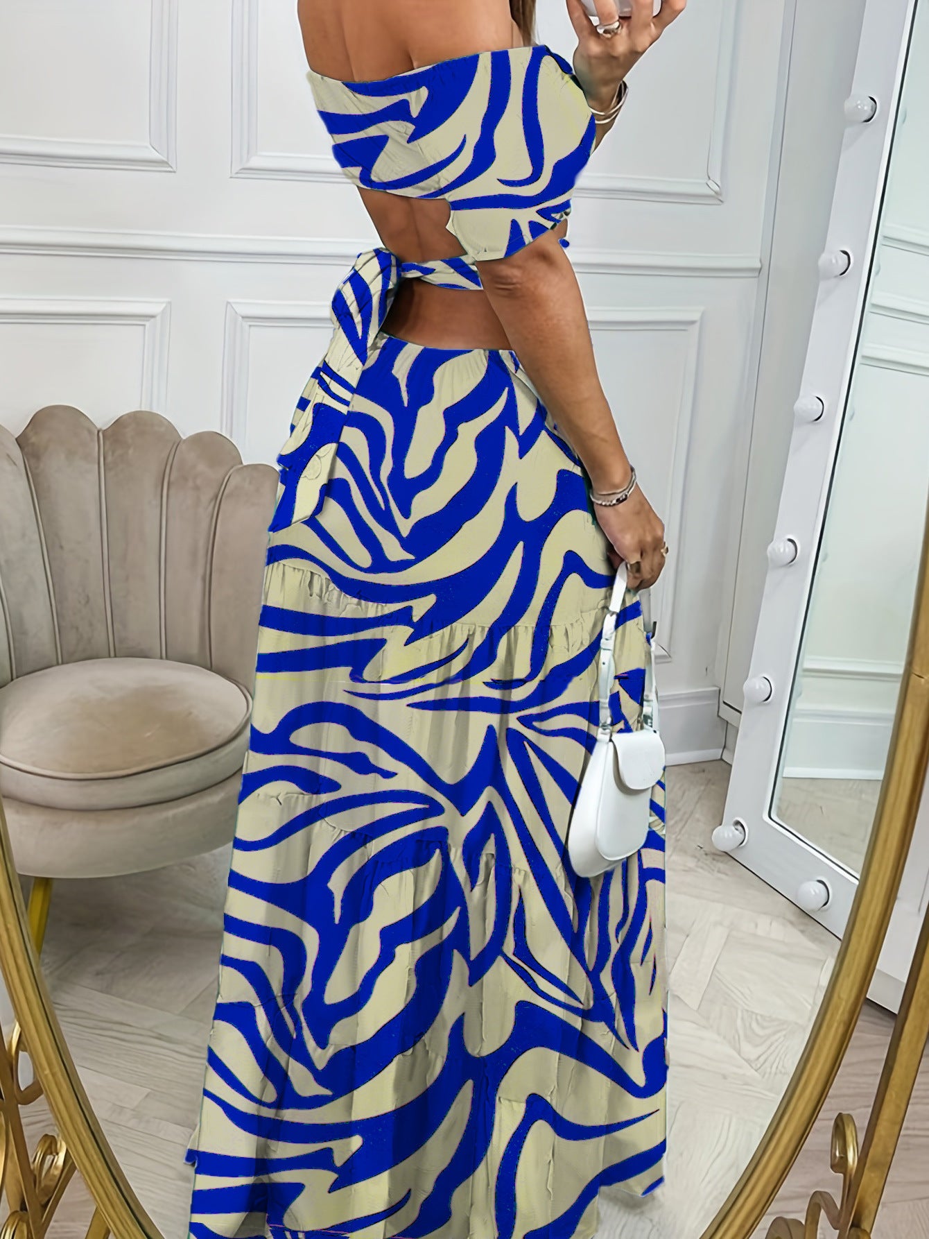 Printed One-line Collar Short-sleeved Long Dress With Hollow Waist Design Summer Vacation Dresses For Women Clothing - Limorista