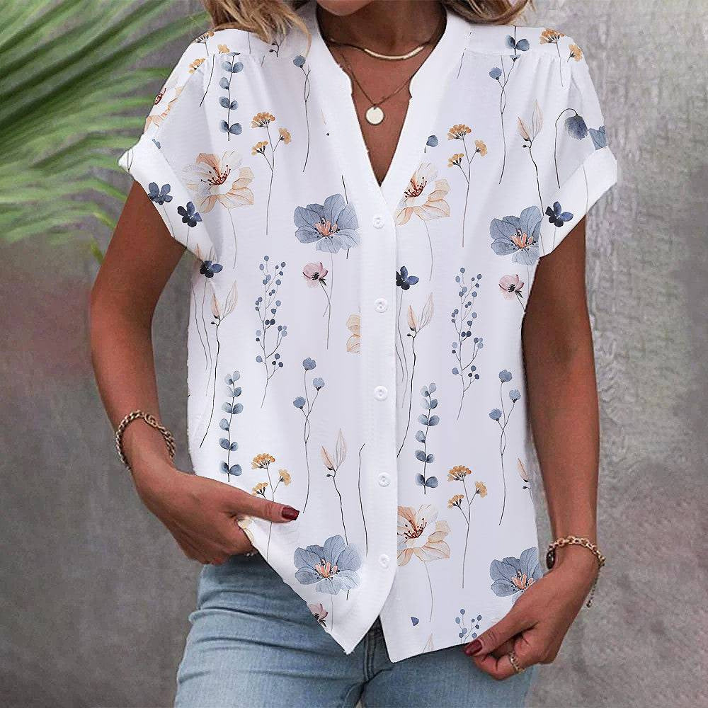 Limorista - Casual Stand Collar Short Sleeve Regular Cardigan Digital Printing Top Shirt