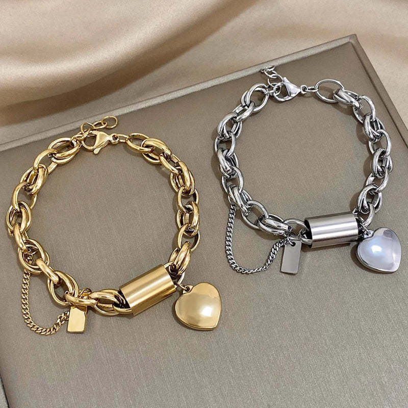 New Stainless Steel Peach Heart Cuban Link Chain Bracelet Suit Limorista