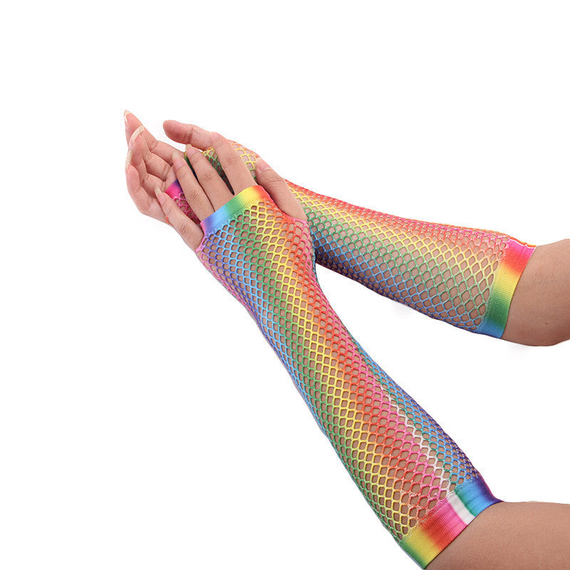 Rainbow Color Sexy Fishnet Half-finger Long Net Gloves Limorista