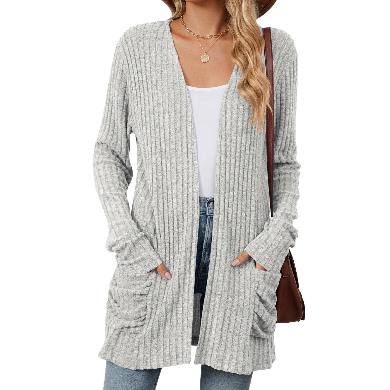 Solid Color Pocket Long Sleeve Bottoming Cardigan Knitwear Limorista