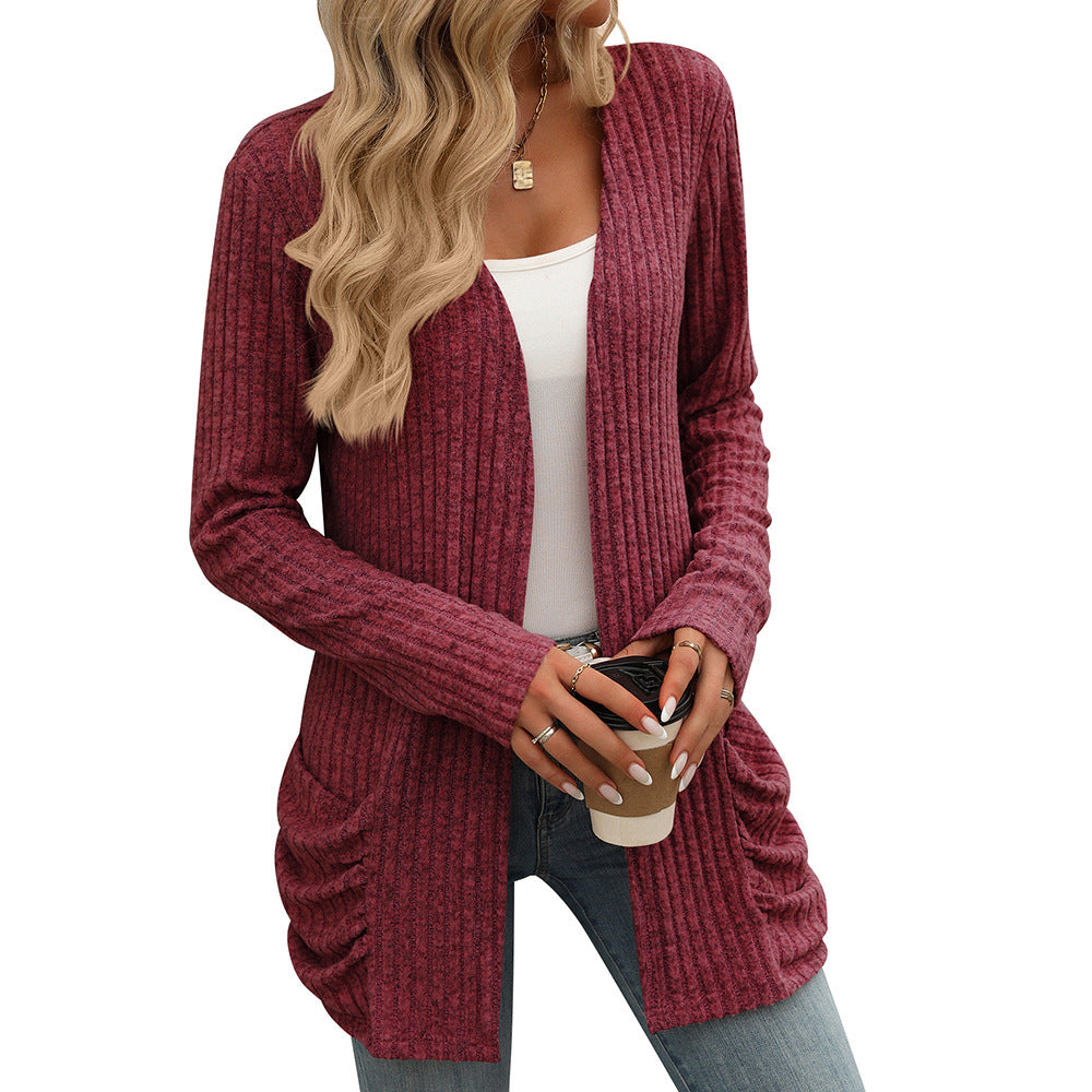 Solid Color Pocket Long Sleeve Bottoming Cardigan Knitwear Limorista