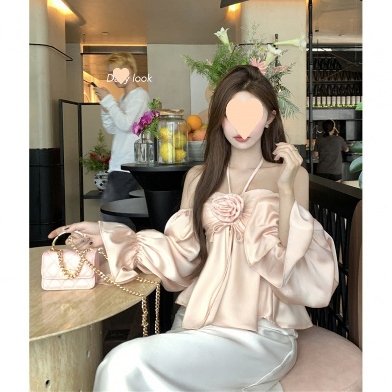 Limorista - French Style Design Flower Halter Off-shoulder Tube Top