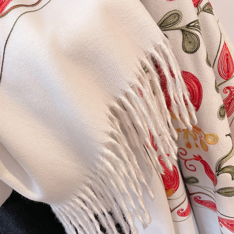 Contrast Color Pomegranate Leaf Embroidered Double-sided Shawl Limorista