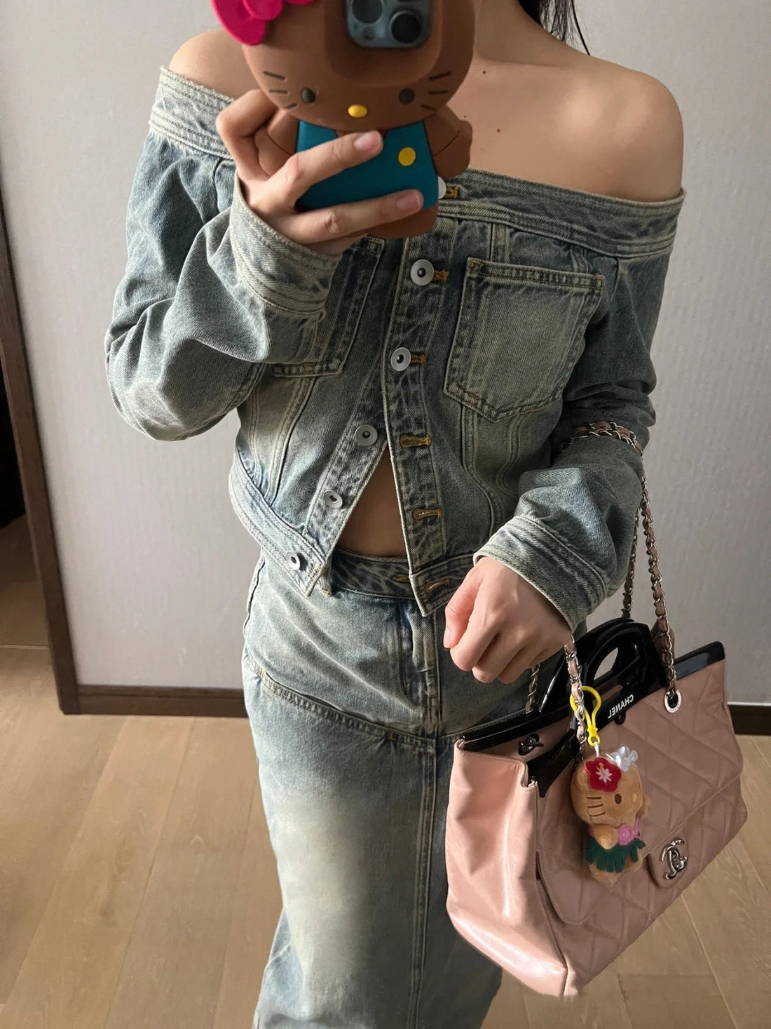 Off-shoulder Denim Long-sleeved Tops Slim-fit Short Version Limorista