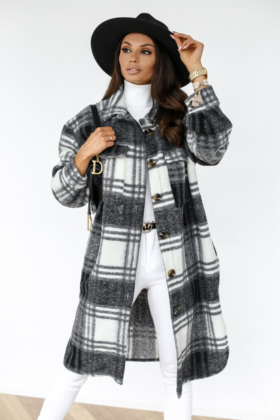 Button Lapel Casual Warm Plaid Long Woolen Coat Limorista