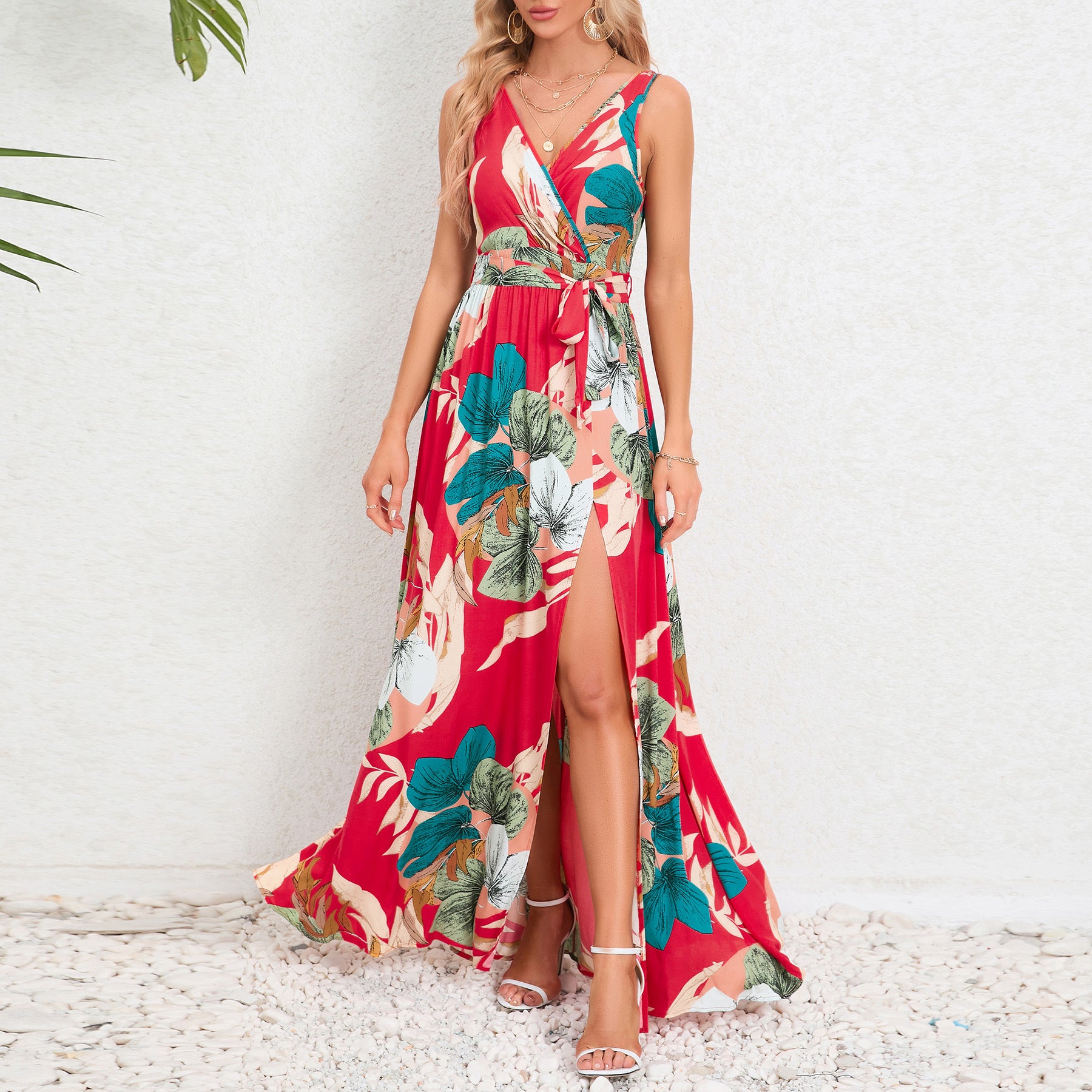 V-neck Floral Print Long Dress Summer Fashion Waist Tie Slit Design Sleeveless Dress For Womens Clothing Limorista