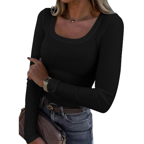 European And American Hot Thread Sunken Stripe Long Sleeve Square-neck T-shirt Limorista