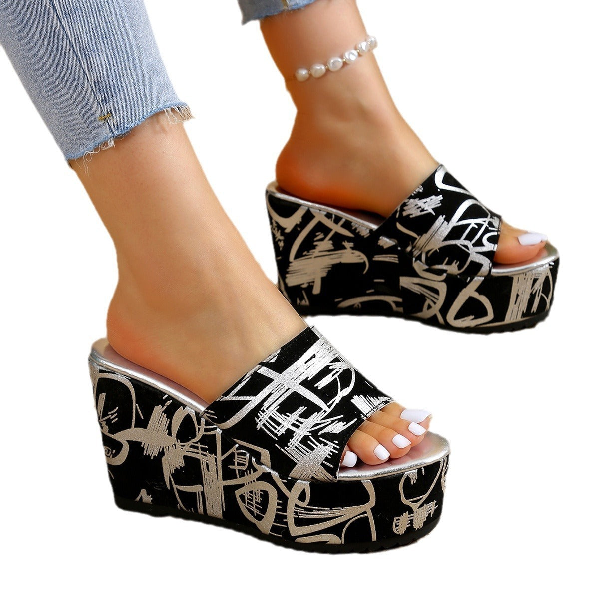 Round Toe Wedge Printed Slippers Limorista