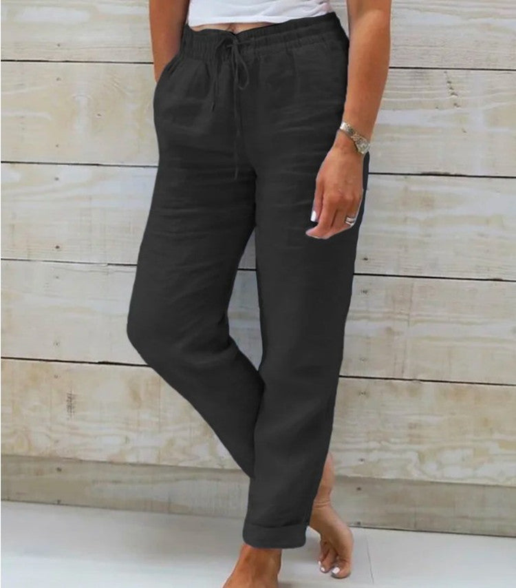 Summer Elastic Waist Solid Color Cotton Linen Wide Leg Pants Loose Pants Women&